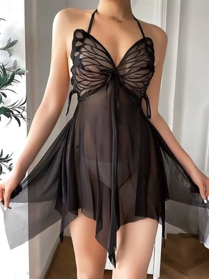 Aria's Closet Arias Closet Göğüs Kelebek Detaylı Fantezi Tül Siyah Gecelik