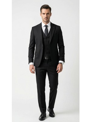Plus Scorpion Erkek Slim Fit Takım Elbise – Düz Dokulu Kırışmaya Dayanıklı Likralı Polyviskon Kumaş, Sivri Yaka, Tek Düğmeli, Çift Yırtmaçlı