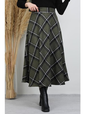 Tek Çizgi Desen Etek Haki