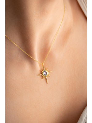 Nereze 925 Ayar Gümüş Gold Kaplama Mor Taşlı Kutup Yıldızı Kolye