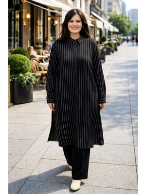 Lale Butik Büyük Beden Gizli Düğme Detay Çizgili Uzun Gömlek 19489 Siyah