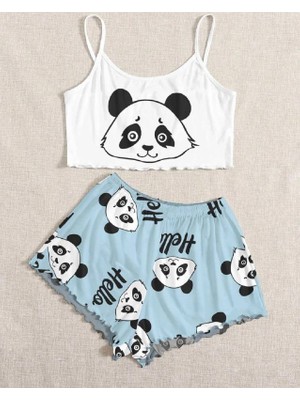 Silona Homewear Askılı Şort Pijama Takımı Panda Hello Supersoft Basic Süprem