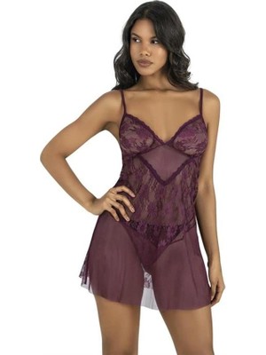 Aria's Closet Arias Closet Dantel Işlemeli Mürdüm Kısa Tül Gecelik