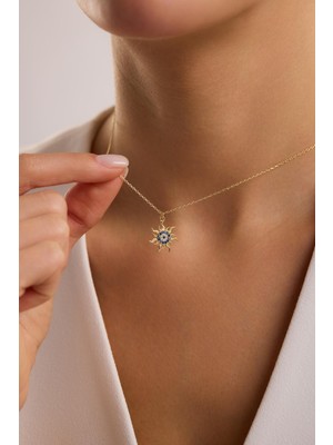 Nereze 925 Ayar Gümüş Gold Kaplama Minimal Nazar Güneş Kolye