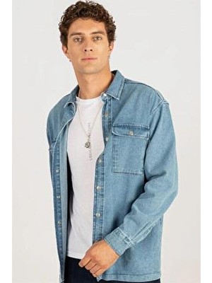 Tudors Unisex Oversize Geniş Kesim Denim Kot Çift Cepli Mavi Overshirt Ceket Tarzı Gömlek