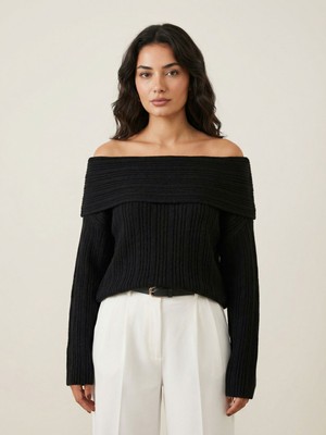 Okka Moda Madonna Yaka Oversize Triko Kazak Siyah