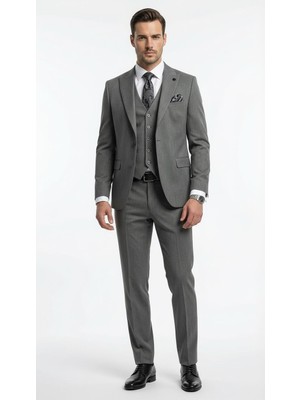 Plus Scorpion Erkek Slim Fit Takım Elbise – Düz Dokulu Kırışmaya Dayanıklı Likralı Polyviskon Kumaş, Sivri Yaka, Tek Düğmeli, Çift Yırtmaçlı