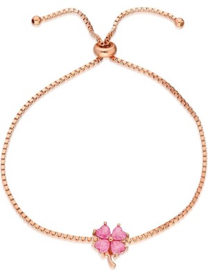Nereze 925 Ayar Asansörlü Pembe Yonca Bileklik Kadın Gümüş Bileklik