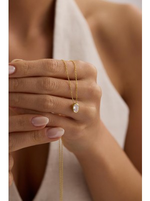 Nereze 925 Ayar Gümüş Gold Kaplama Oval Tasarım Tektaş Kolye