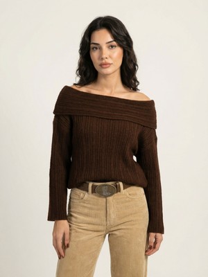 Okka Moda Madonna Yaka Oversize Triko Kazak Kahve