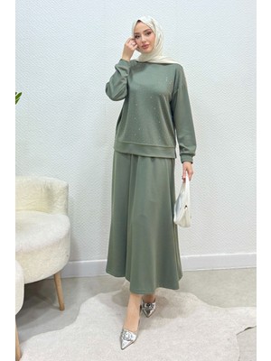 Tesettür Diyarı Taşlı Lavendi Modal Kumaş Etekli Tesettür Takım - Haki