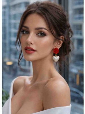 Myth Atelier Romantic Rose Kırmızı Gül ve Inci Beyazı Kalp Sallantılı Küpe - Şık, Sevgililer Günü, Hediye