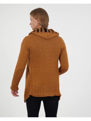 Elku Moda Erkek Kapüşonlu Uzun Triko Hırka Pamuklu Örme Salaş Kapamasız Panço Hırka