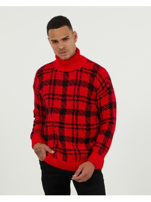 Elku Moda Oversize Balıkçıyaka Kazak Pamuklu Ekose Desenli Salaş Kesim Boğazlı Triko