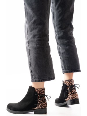 Arda Bayan Bot 165-209 Siyah Leopar Arka Bağcık Aksesuarlı Fermuarlı Günlük Kadın Bot