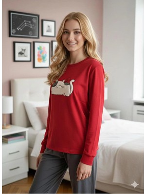 Ayans Pijama Kedi Baskılı Kadife Genç Kız Pijama Takımı