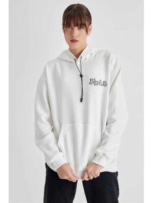 Flamex Kapüşonlu Sırt Baskılı Üç Iplik Oversize Sweatshirt - Beyaz