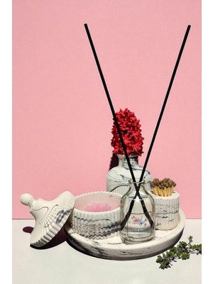 Besagu Home Mermer Desenli Dekoratif 5 Parça Vazo Seti -Vazo,oda Kokusu,kibritlik,yuvarlak Tepsi,kubbeli Mumluk