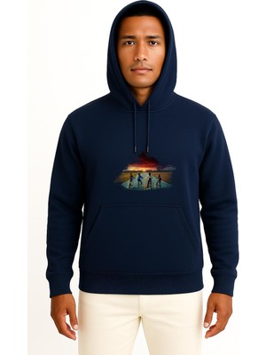 Bahriyeli Collection Kapüşonlu Four Children Riding Bicycle Göğüs Baskılı Unisex Sweatshirt