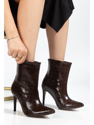 Arda Bayan Bot 4803 Kahve Kroko Sivri Burun Ince Topuk Günlük Kadın Bot