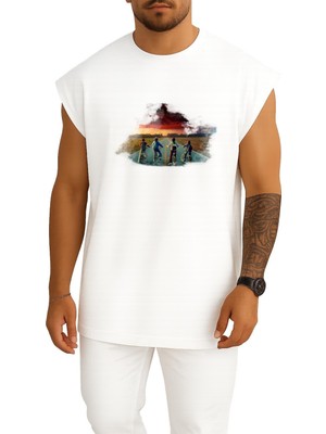 Bahriyeli Collection Oversize Four Children Riding Bicycle Göğüs Baskılı Atlet