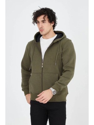 Flamex Erkek Kapüşonlu Düz Fermuarlı Hırka - Yeşil