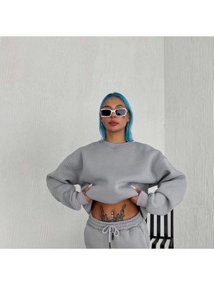 Flamex Kışlık Bisiklet Yaka Üç Iplik Basic Sweatshirt - Gri