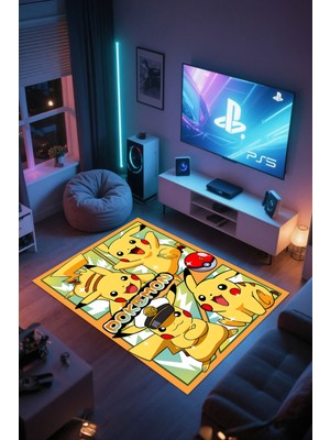 Reyhani  Pikachu Pika Pika Kaymaz Taban Makinede Yıkanabilir Gaming Oyuncu Gamer Genç Odası Halısı