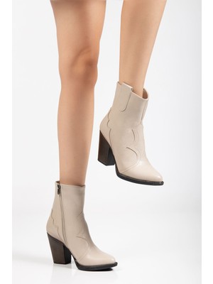 Arda Bayan Bot 117 Bej Kovboy Dikiş Detaylı Fermuarlı  Yüksek Topuklu Günlük Kadın Bot