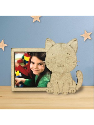 Çocuk Odası Için Ahşap Kedi Figürlü Fotoğraf Çerçevesi