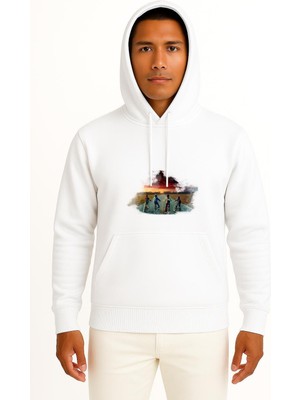 Bahriyeli Collection Kapüşonlu Four Children Riding Bicycle Göğüs Baskılı Unisex Sweatshirt