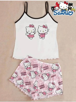 Silona Homewear Hello Kitty 2 White Askılı Şortlu Pijama Takımı