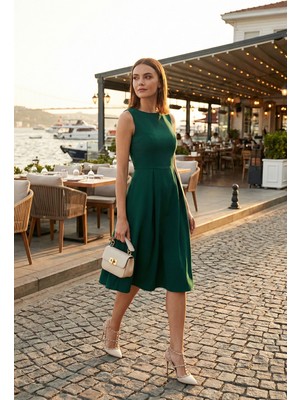 Lela Bisiklet Yaka Cepli Pileli Midi Elbise Bayan Elbise 6051963