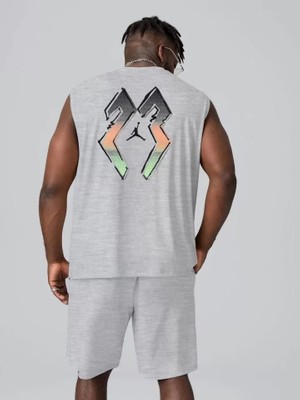 Flamex Erkek Sırt Baskılı Sıfır Kol Ikili Şort Takım - Gri