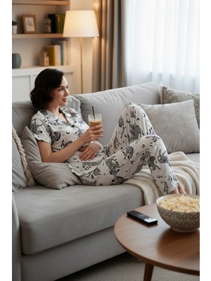 Lela Desenli Kısa Kollu Beli Lastikli Gömlek Yaka Dokuma Regular Fit Pijama Takımı Bayan Pijama Takımı 6571010