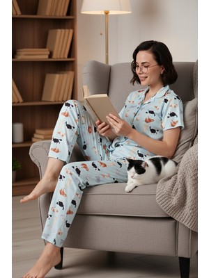 Lela Desenli Kısa Kollu Beli Lastikli Gömlek Yaka Dokuma Regular Fit Pijama Takımı Bayan Pijama Takımı 6571010