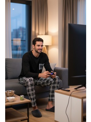 Buratti Ekoseli Cepli Beli Lastikli % 100 Pamuk Regular Fit Pijama Takımı Erkek Pijama Takımı 6572001