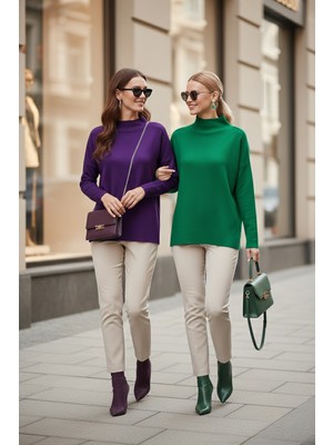 Lela Pamuklu Arkası Uzun Dik Yaka 2'li Paket Triko Kazak Bayan Kazak 4615002S2