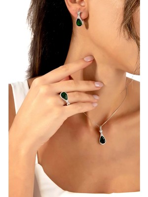 By More 925 Ayar Zümrüt Rengi Damla Taşlı Gümüş Takı Seti - 19