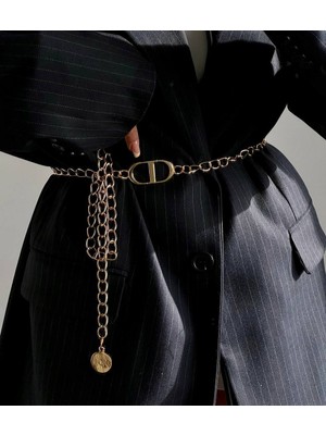 Fiori Gold Detaylı Kadın Zincir Bel Kemeri, Ceket Kemeri, Elbise Kemeri, Gömlek Kemeri, Zincir Kemer