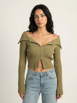 Okka Moda Acı Kahve Kayık Yaka Çift Fermuarlı Triko Hırka