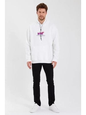 Flamex Erkek Baskılı Üç Iplik Kapüşonlu Oversize Sweatshirt - Beyaz