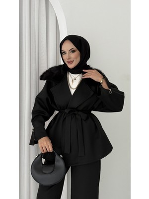 Kadın Kürk Yakalı Kuşaklı Şık Scuba Takım - Tesettüre De Uygun