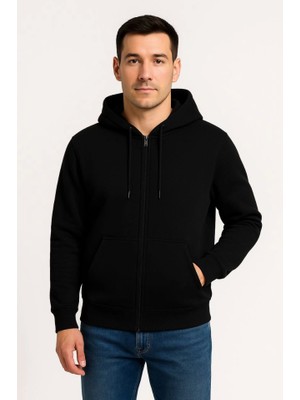 Flamex Erkek Üç Iplik Kapüşonlu Tam Fermuarlı Kanguru Çepli Sweatshirt Hoodie - Siyah