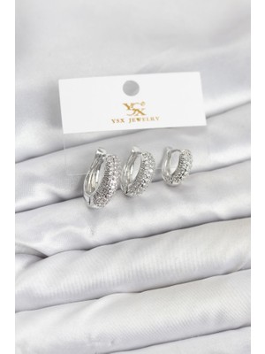 Skygo Pirinç Gümüş Renk Zirkon Taşlı Halka Model YSX Trio Küpe Seti - TJ-BKP11559