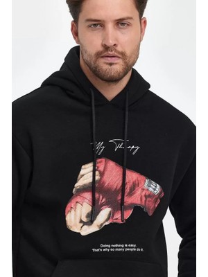 Flamex Unisex Kapüşonlu Üç Iplik Oversize Baskılı Sweatshirt - Siyah