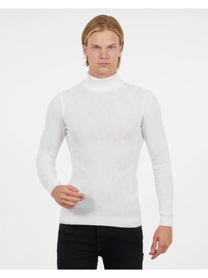 Elku Moda Erkek Boğazlı Triko Kazak Pamuklu Kendinden Desenli Balıkçı Yaka Slimfit Kazak