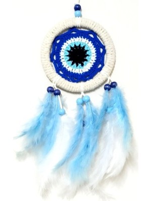 Pazarcan Nazar Boncuğu Motifli Bebe Mavisi ve Beyaz Kuş Tüylü Düş Kapanı Duvar Süsü