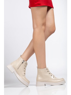 Arda Bayan Bot 02-2001 Bej Kırışık Rugan Bağcıklı Fermuarlı Günlük Kadın Bot