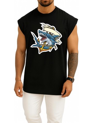 Bahriyeli Collection Oversize Köpekbalığı ve Çapa Göğüs ve Sırt Baskılı Atlet